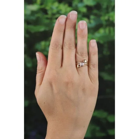 10k Yellow Gold Diamond Three Heart Ring Dainty Woman Teen Girl Size 5 1/2